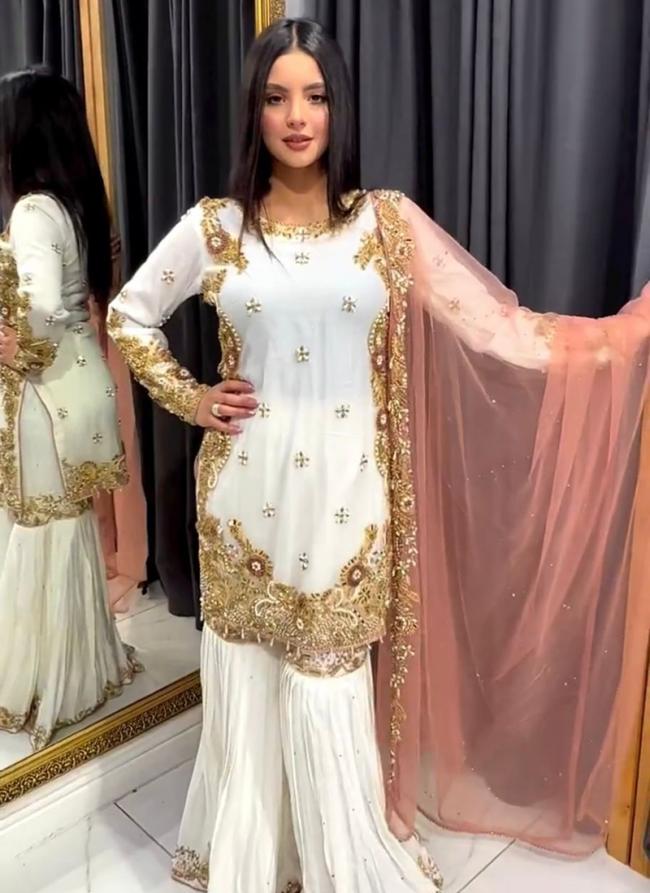 Georgette White Party Wear Embroidery Work Readymade Sharara Suit